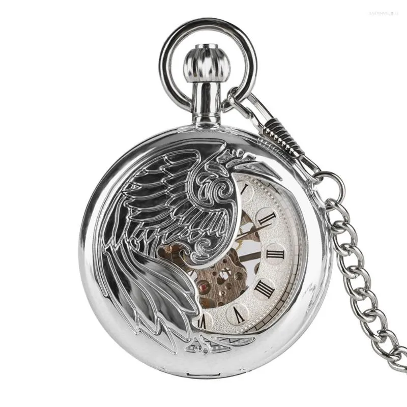 Pocket Watches Mechanical Watch For Man Silver Feather Carving Boys Dial Thick Chain Men's Gift