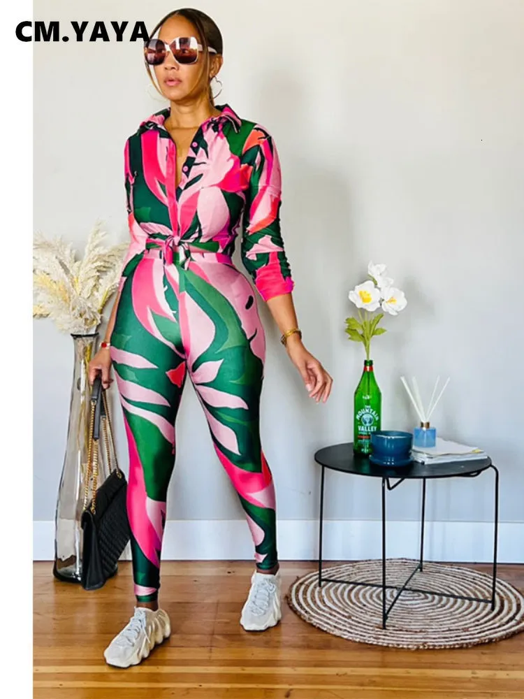 Women's Two Piece Pants CMYAYA Streetwear Leaf Printed Women Legging Suit and Long Sleeve Shirt Fashion Casual 2 Set Outfits Tracksuit 230208