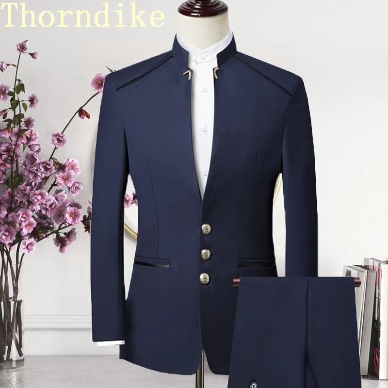 Costumes pour hommes Blazers Thorndike Hommes Costume Style chinois Col montant Homme Mariage Marié Slim Fit Standerd Taille Ensemble TuxedoJacketPant 230209