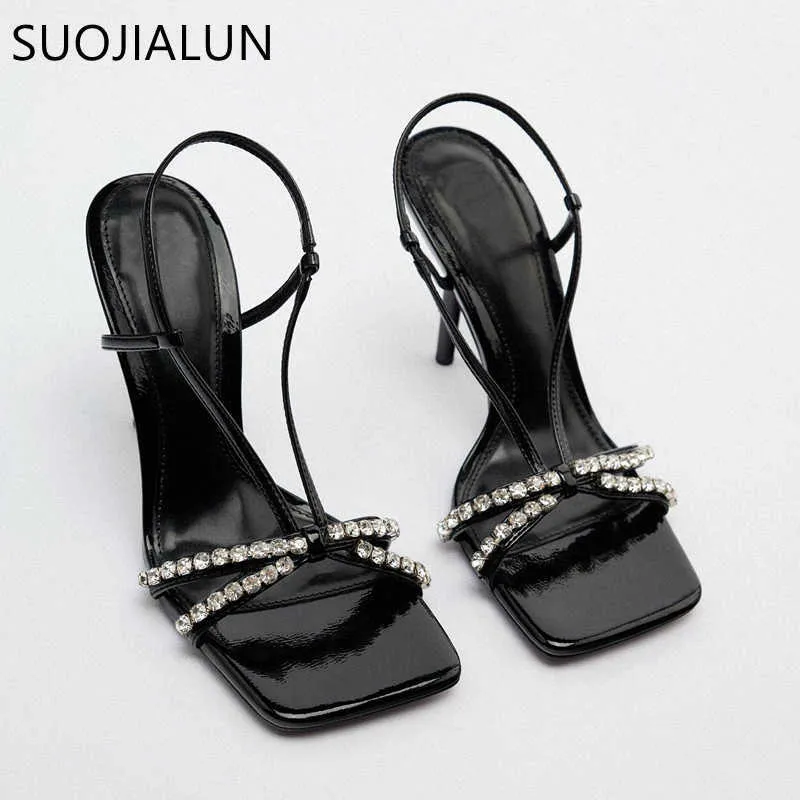 Sandalen SUOJIALUN Neue Marke Frauen Sandale Mode Bling Kristall Schmale Band Damen Gladiator Schuhe Dünne High Heel Outdoor Kleid Pumpen T230208