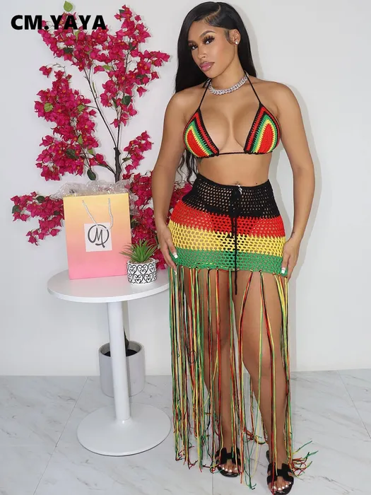 Two Piece Dress CMYAYA Elegant Rainbow Women Knit Ribbed Chochet Tassel Bodycon Maxi Skirt Suit and Crop Top Beach Sexy 2 Set Outfits 230209