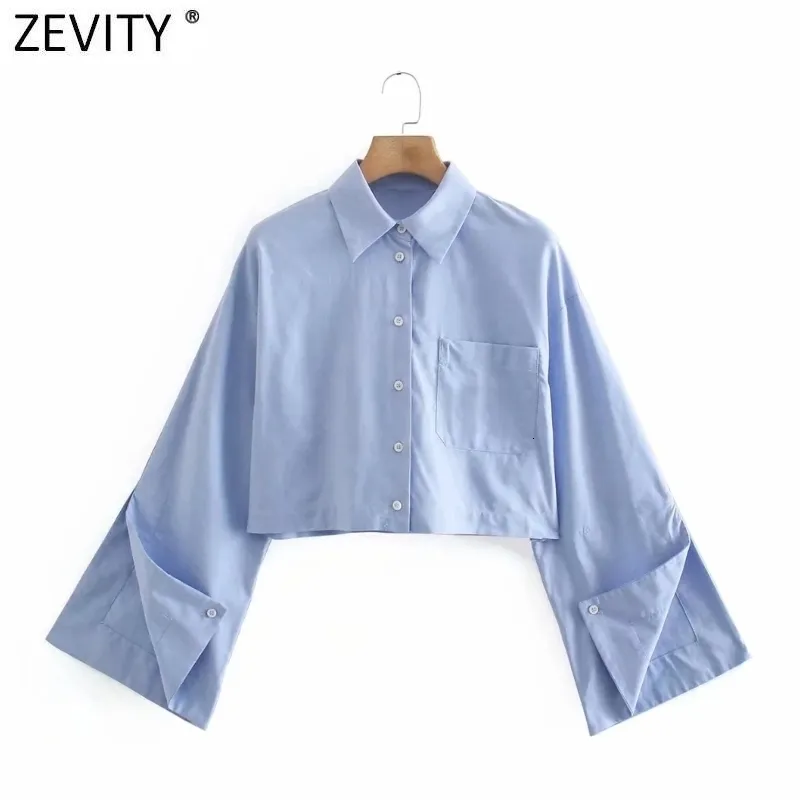 Bloups s Bloups Shirts Zevity Women Fashion Pocket Pocket Business Smock Blouse femme dividido de manga comprida camisa curta Roupas Chic Tops LS9109 230208