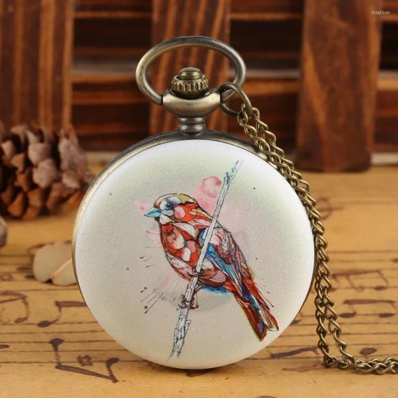 Pocket Watches Retro Watch for Women Bird Pattern White Girl Arabic Digital Pendant Necklace Lady