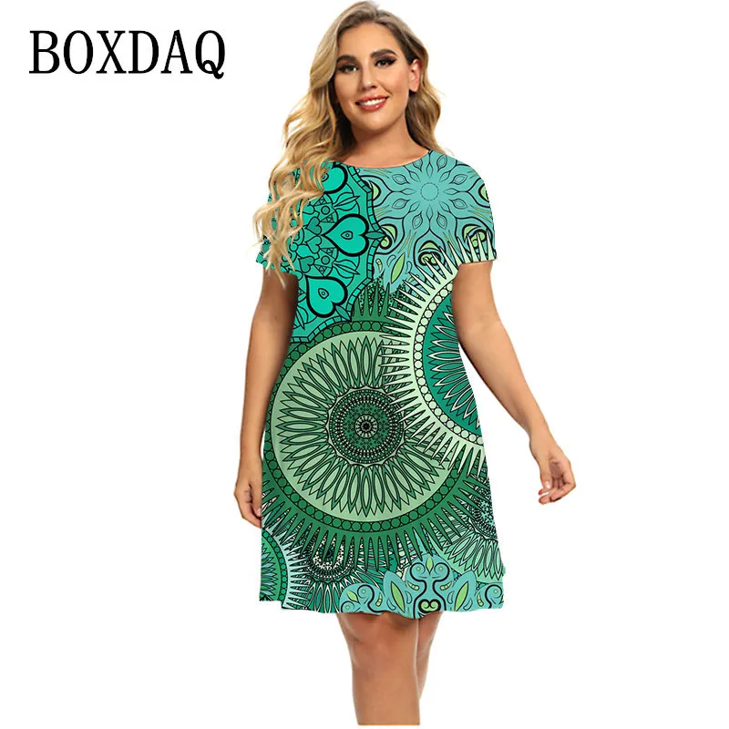 Plus size jurken vintage etnische stijl 3D -geprinte jurken voor vrouwen zomer zomer korte mouw losse oversized damesjurk plus maat 4xl 5xl 6xl 230209