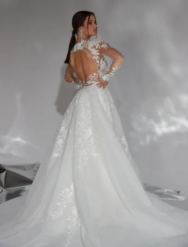Elegant A-line Wedding Dresses Deep V-neck Flower Applicants Transparent Long Sleeves Backless Floor Length Custom Made Plus Size Soft Bridal Dress Vestidos De Novia