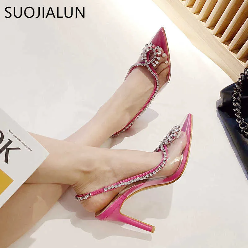 SUOJIALUN Crystal Sandal Sandal Sandals Sandals Marka Kobiety damskie Eleganckie slingback Pvc cienki wysokie obcasy sukienki imprezowe T230208 484