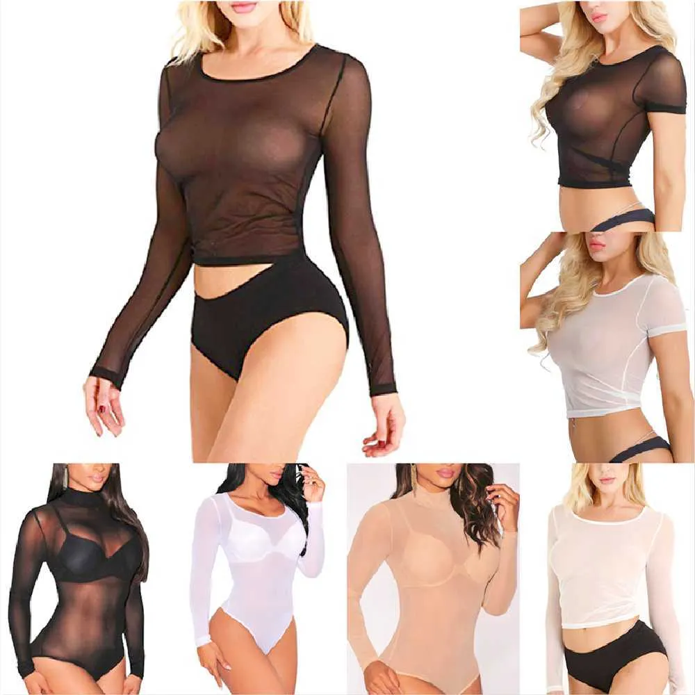 Women's T-Shirt Sexy Women T Shirt See Through Mesh Black Long Sleeve Bodysuit Sheer Slim Turtleneck Tulle Crop Top Transparent Clubwear Y2302