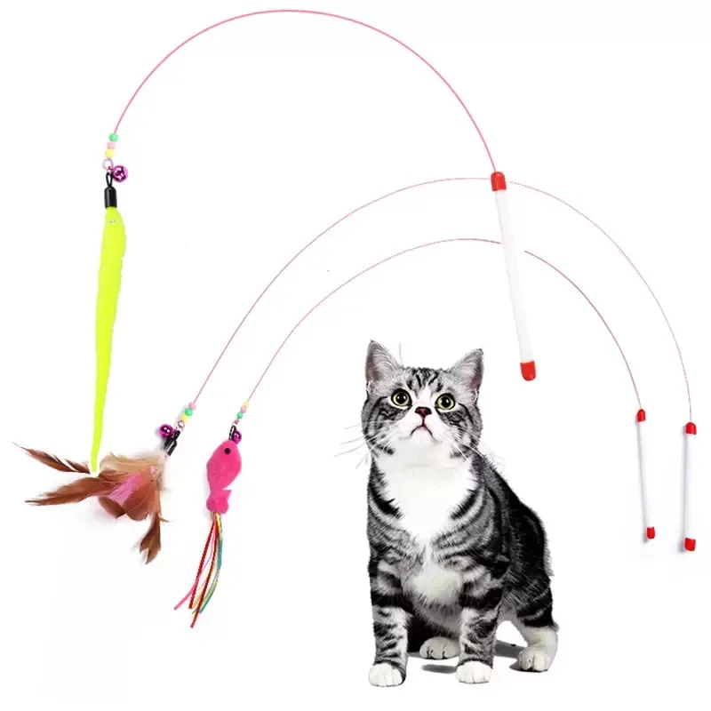 Factory Pet Cat Teaser Toy Wire Dangler Wand Feather Plush Fish Caterpillar Interactive Fun Exerciser Playing Toy