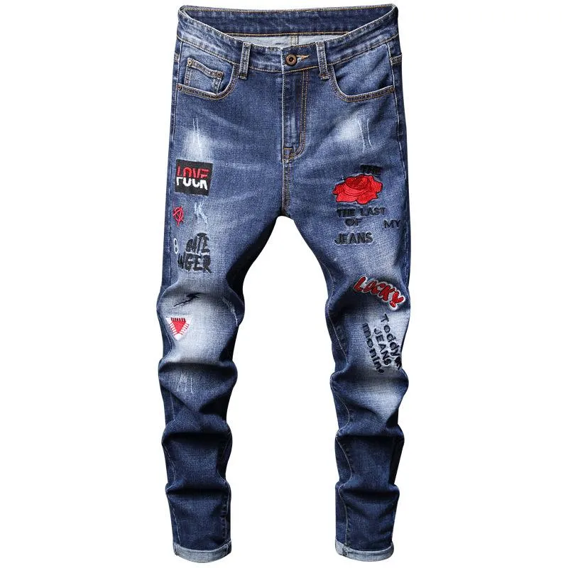 Jeans para hombre Rose Mens bordado Skinny Fashion Blue Ripped Casual Stretch Denim Patch Design Scratched Hip-hop Pants