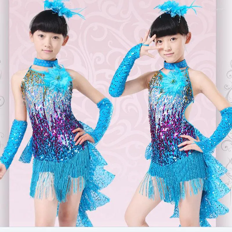 Abbigliamento da palcoscenico Abito da ballo latino per ragazze Costumi Abbigliamento per bambini Abiti da competizione per sala da ballo Body alla moda Paillettes Paillettes Nappa Salsa