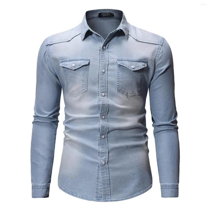 Camisas casuales para hombres primavera 2023 hombres camisa de mezclilla retro manga larga dos bolsillos machos jeans elásticos vaqueros