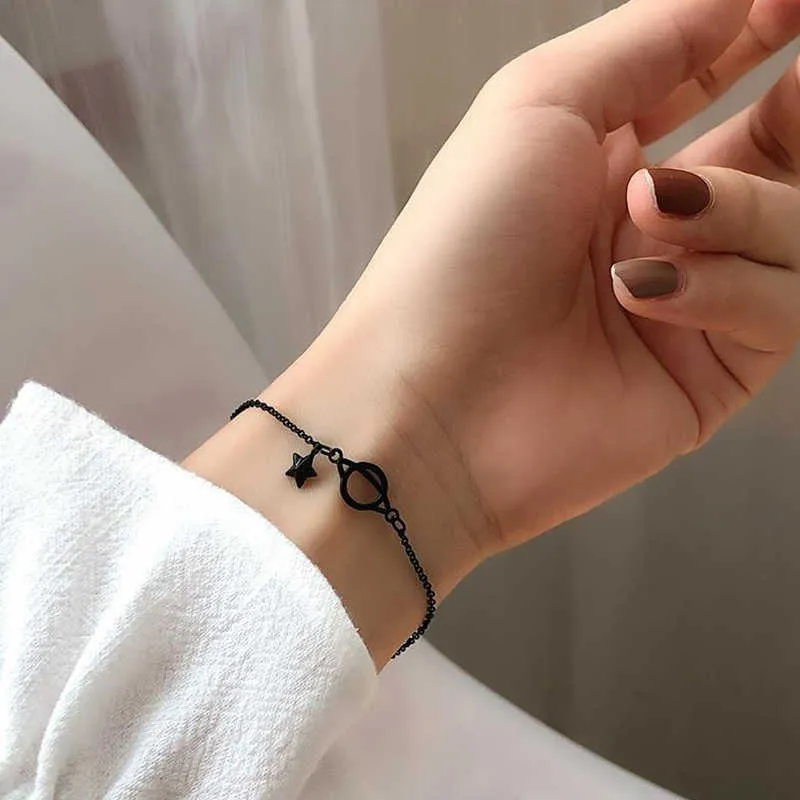 Link Chain Black Stars Gothic Punk Silver Color Adjustable Bracelet For Women Luxury Jewelry Korean Dainty Gift G230208