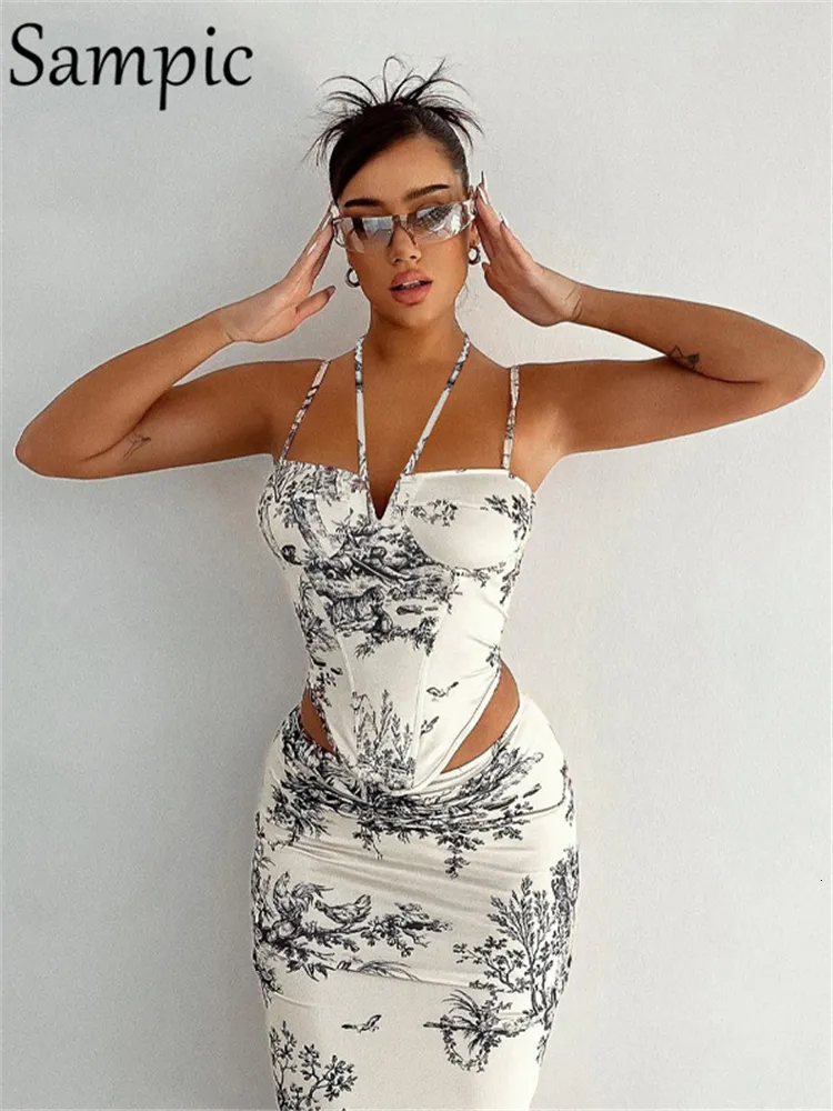 Two Piece Dress Sampic Women Skirt Suit Sexy Halter Y2K Print Corset Crop Tops And Wrap High Waist Midi Set Summer Outfits 230209