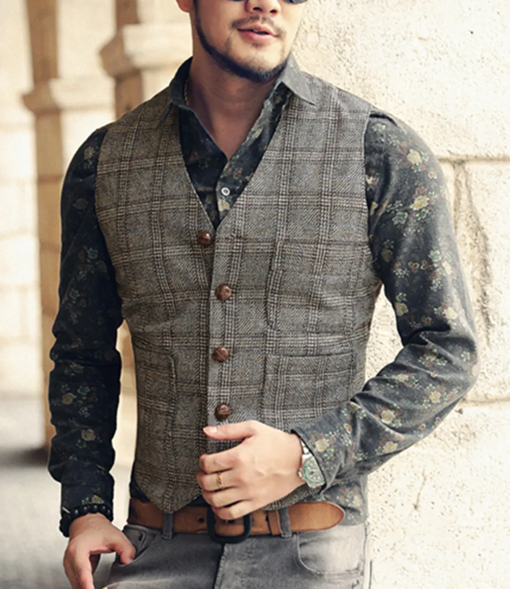Erkek Yelek Takım Elbise Erkek Kahverengi Siyah Yelek Yelek Erkek Ekose Steampunk Ceket Çizgili Tweed V Yaka Slim Fit Yelek Düğün_voghion.com