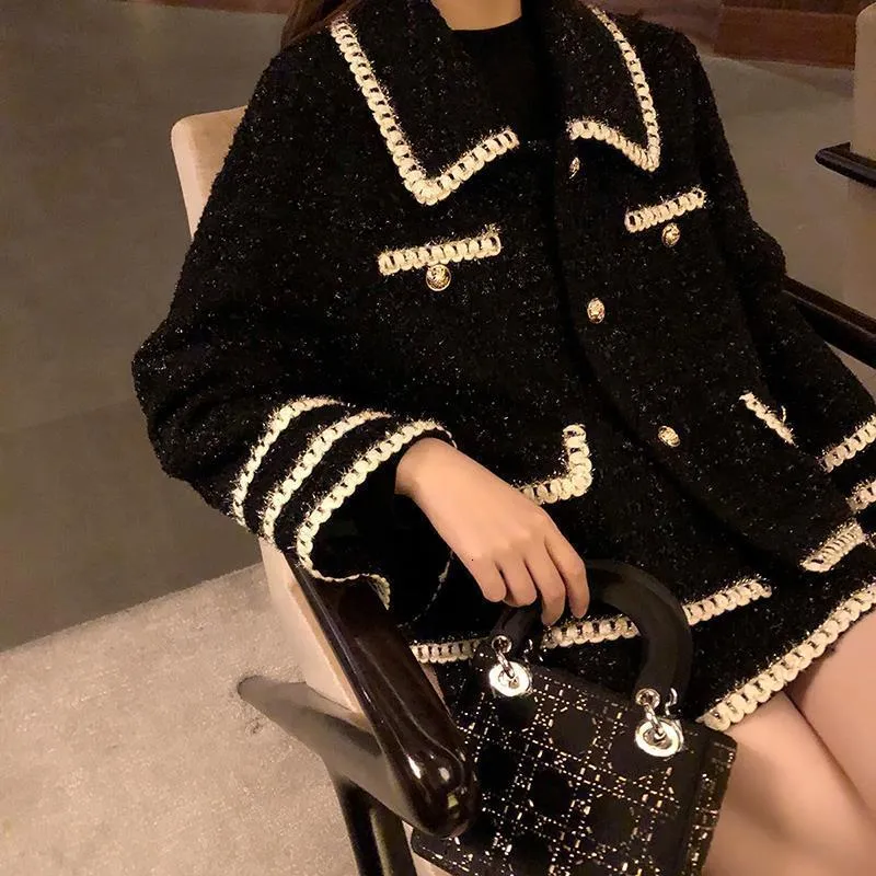 Two Piece Dress Mini kjolar Set Womens Outifits Winter Jacket Fashion Vintage Black Tweed Coat Suits Lapel Sleeve 230209