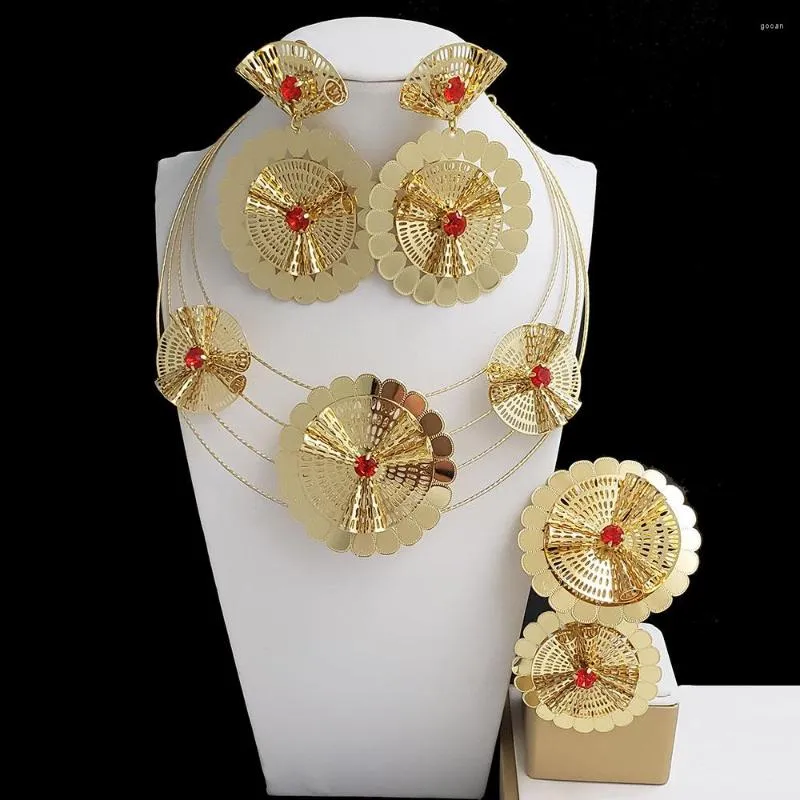 Necklace Earrings Set Dubai Luxury Jewelry For Women Flower Shape Large Pendant African Gold Color Brazilian Wedding