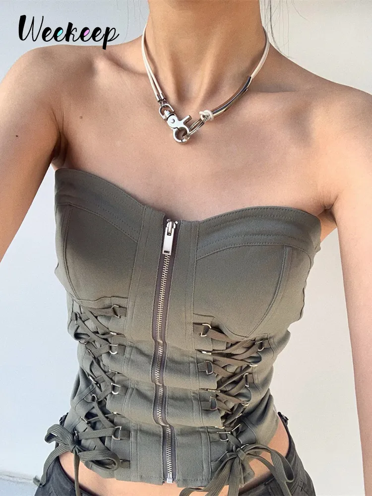 Débardeurs pour femmes Camis Weekeep Zip Up Corset Top y2k Chic Bandage Bodycon Bustier Crop Fairycore Grunge Vest Harajuku Vintage Streetwear 230208