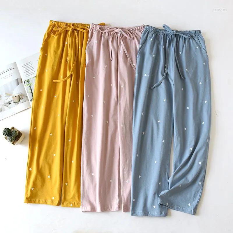 Women's Sleepwear Ladies Four Seasons Long Trousers Knit Cotton Pajama Pants Cute Sweet Little Love Printed Home Women Thin