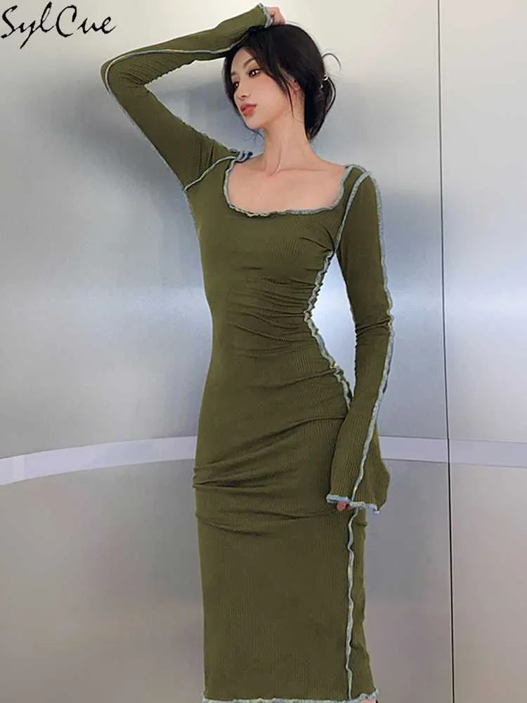 Casual Dresses Sylcue Top Line Solid Color Slim Square Neck Simple And Generous Sexy Mature Feminine Commuter Women's Long Dress Y2302