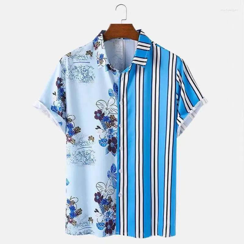 Camisas casuais masculinas 2023 Homens de verão Vintage Balck Patch Stitch Stitch Hawaiana Camisa masculina Hawaii Print Beach Chemise Homme