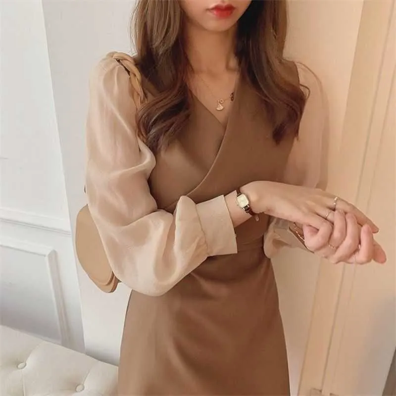 Casual jurken chiffon dunne vrouwen lange mouw herfst een stuk nieuwe nep twee Koreaanse business chic kantoor dames vestido feminino y2302