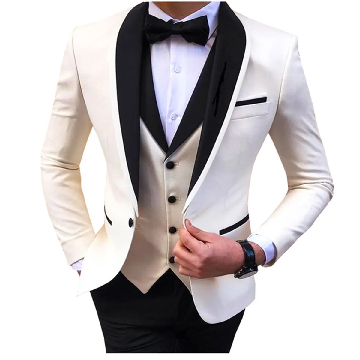 Heren Suits Blazers White 3 -delige formele bruiloftsjaal Rapel Casual Tuxedos voor prom bruidegomsmannen Blazervestpant 230209