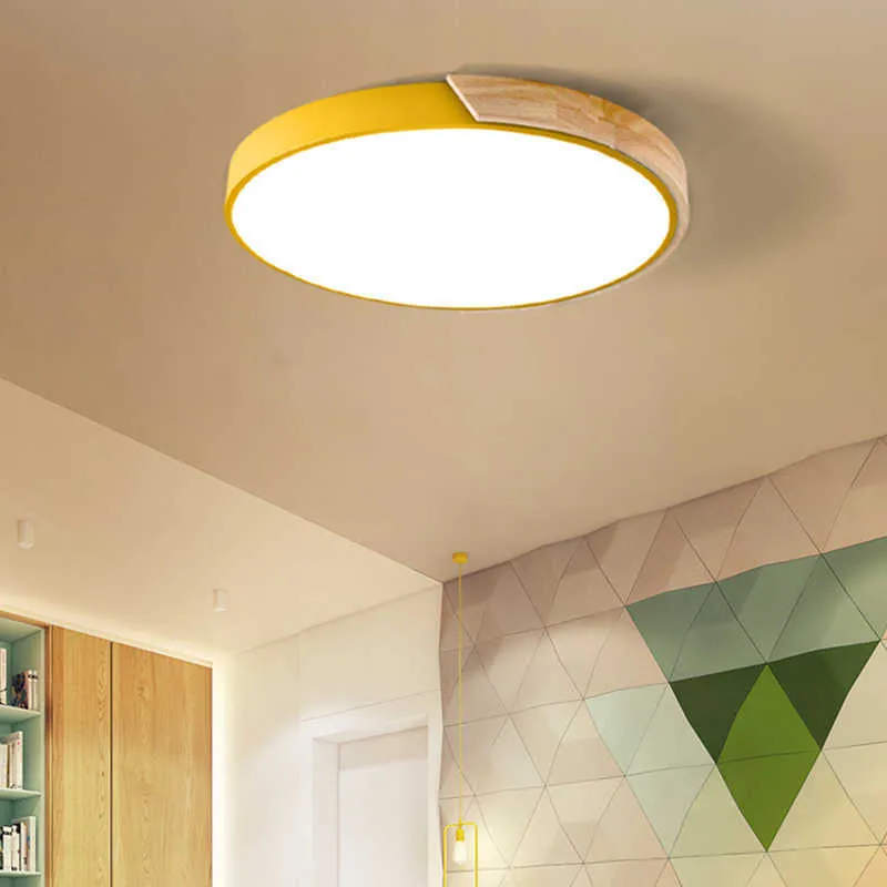Luzes nórdicas 5cm Ultra-fino do teto LED leve redondo redondo lâmpada de teto de controle remoto de madeira para jantar quarto infantil 0209