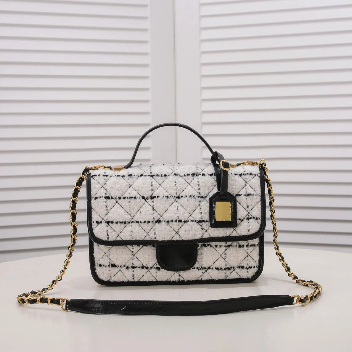 CHANnEL BAG 22K 2023 model checked wool C small square bag wool chain handbag hardware chain wear leather strip trim handbag crossbody bag shoulder bag