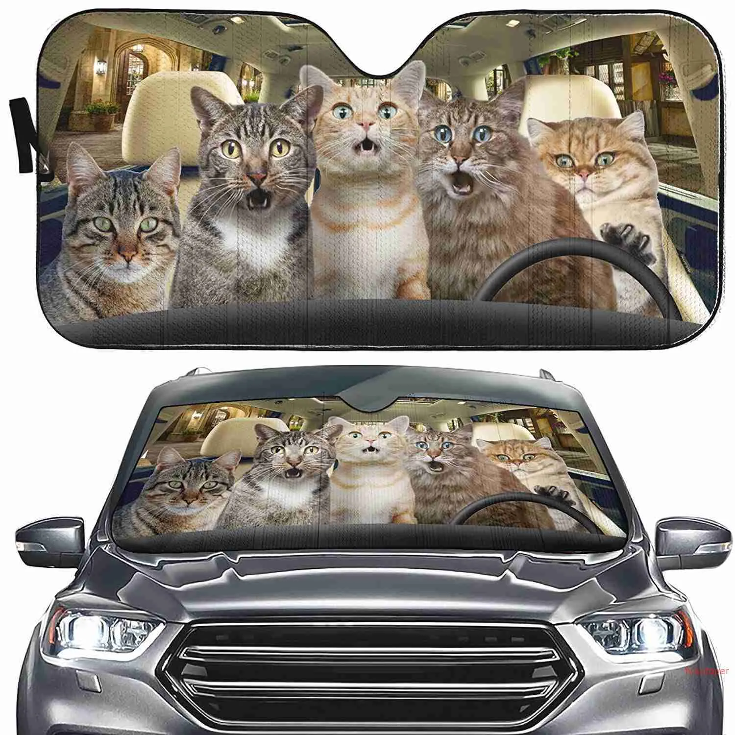 Yosa Car Sun Shade Windshield Bengala Cat Driver chocado Cat engraçado CAT CABELA Janelas da frente Capas Mantenha o veículo Fresh UV Sun Ele