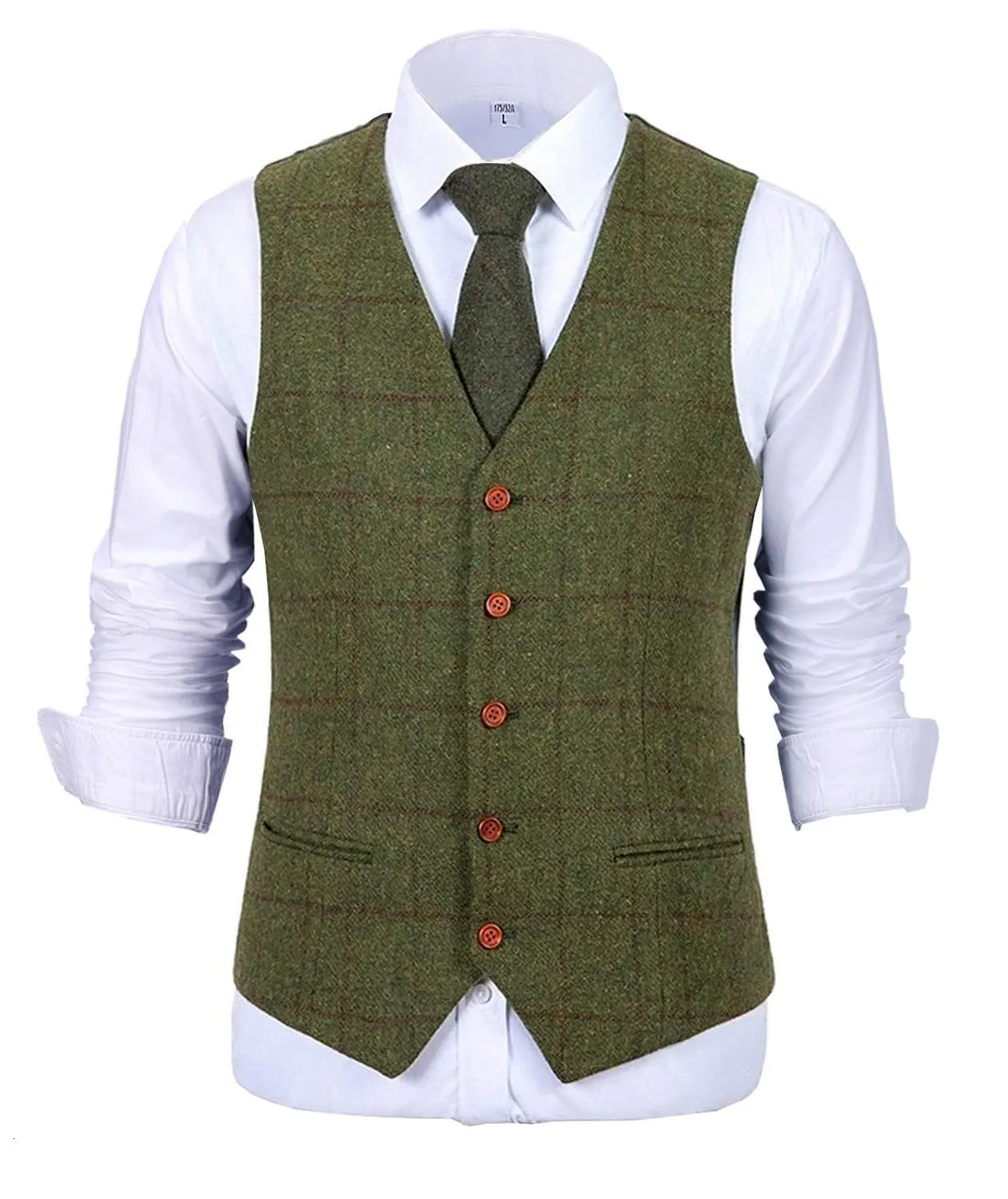 Mens Vests Army Green Vest 격자 무늬 소프트 울 브라운 재킷 캐주얼 신사 트위드 비즈니스 양복 조끼 Groosmen Man Wedding 230209