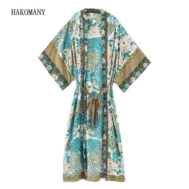 Bohemian V neck Peacock Flower Print Long Kimono Shirt Ethnic Lacing up With Sashes Long BOHO Cardigan Tie Bow Blouse