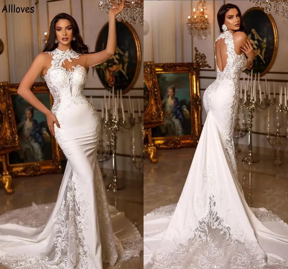 Abiti da sposa a sirena a sirena in raso modesto per le donne Abiti da sposa sexy con schiena scoperta in pizzo vintage Robes de Mariee Corte dei treni Collo alto Plus Size CL1818