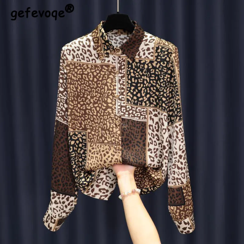 Kvinnors blusar skjortor elegant mode koreansk stil satin skjorta kvinnor vår leopard lapptäcke topp casual polo nack långärmad damer blusar 230209