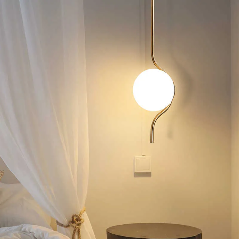 Luzes de bola de luzes de teto Lâmpadas para a cabeceira do quarto LED E27 arenques brancos de vidro branco Art Deco Creative Long Cable Hanging Lamp 0209