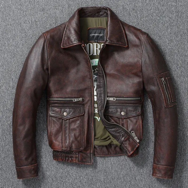 Men's Leather Faux Leather Men corium Air force flight Jacket High Quality Vintage Distressed Top Layer Cowhide Flight Jacket Red Brown Short Moto Jacket 230208