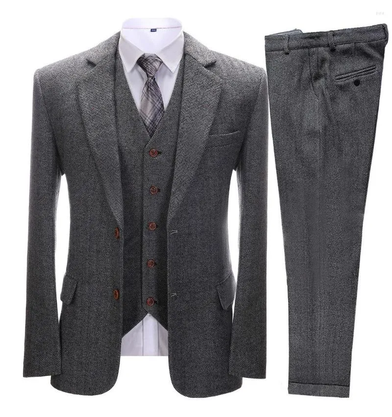 Herrdräkter Brown Men's Vintage 3 stycken Senaste kappdesigner Herringbone Tweed Tuxedo Vinterformellt bröllop (Blazer Vest Pants)