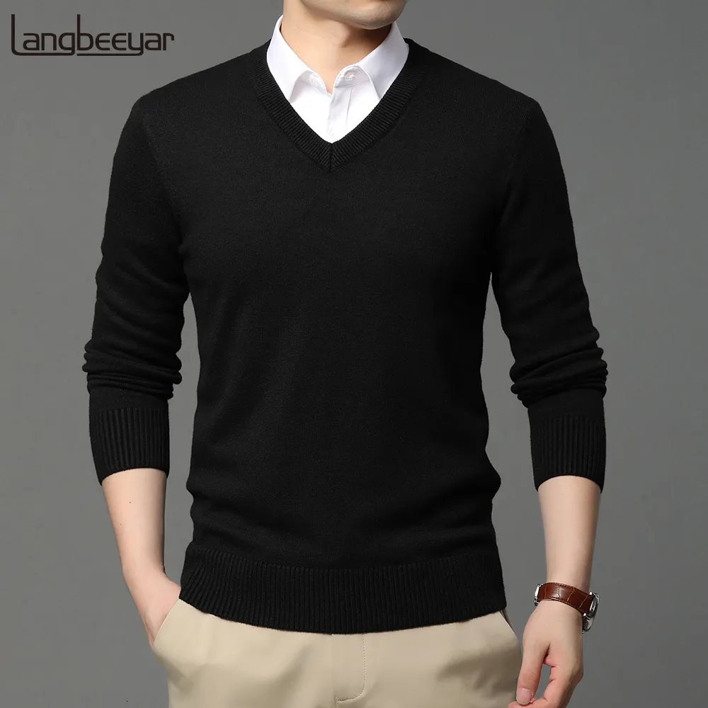 Men's Sweaters High Quality Fashion Brand Woolen Knit Pullover V Neck Sweater Black For Men Autum Winter Casual Jumper Men Clothes 230208