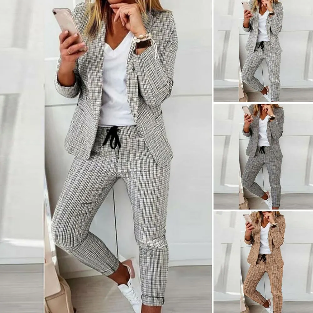 Dames Tweede stuk broek 2 PCSSet Kantoor Women Blazer Cardigan Lady Outfit Drawing Rapel Plaid Print Jacket Trousers Pak voor werk 230209