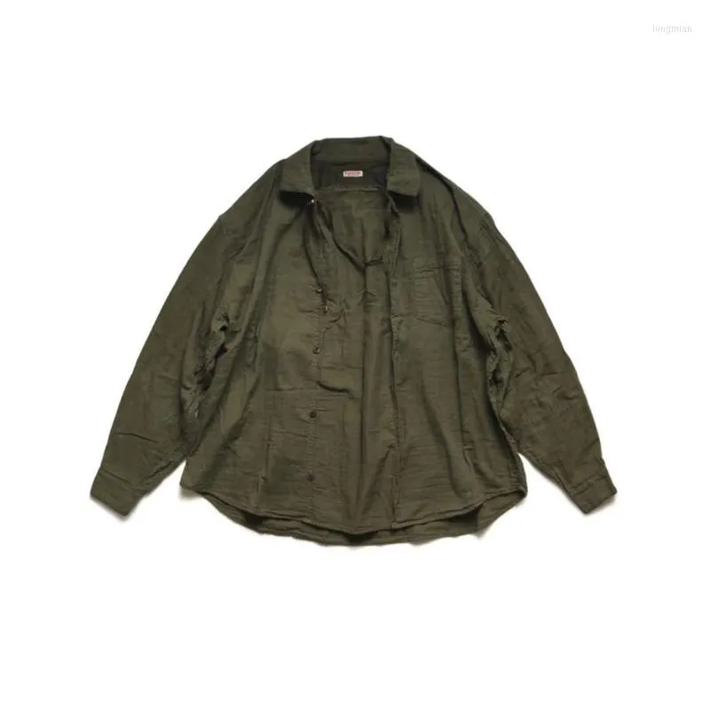 Men's Casual Shirts KAPITA 23AW Military Green Cotton And Flax Washing Fold Multi-Function Loose Long Sleeve Shirt For Men Women