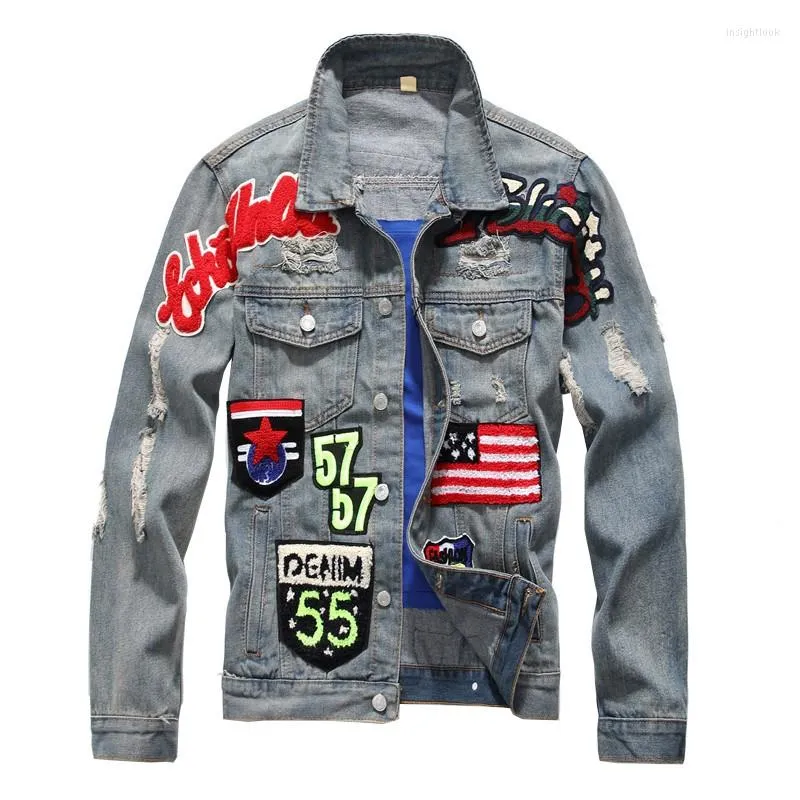 Jackets masculinos Viankani Men's American Bandge Patch Design Slim Denim Jacket Vintage Letters Patchwork