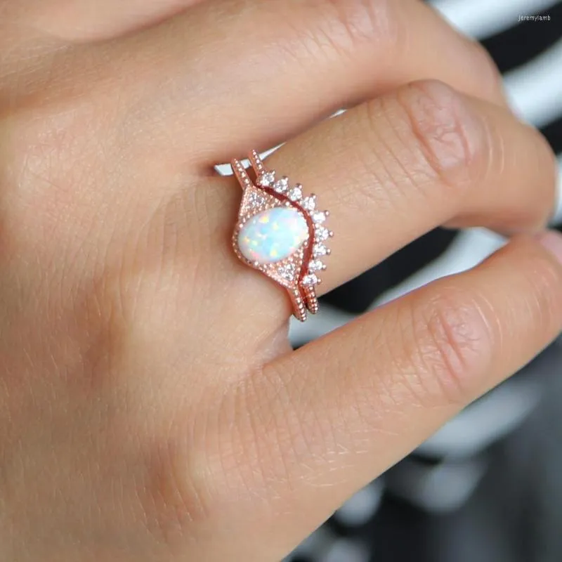 Bröllopsringar Rose Gold Color Opal Cubic Zirconia för kvinnor som lyser stora smycken Tvåskikts engagemangsuppsättning