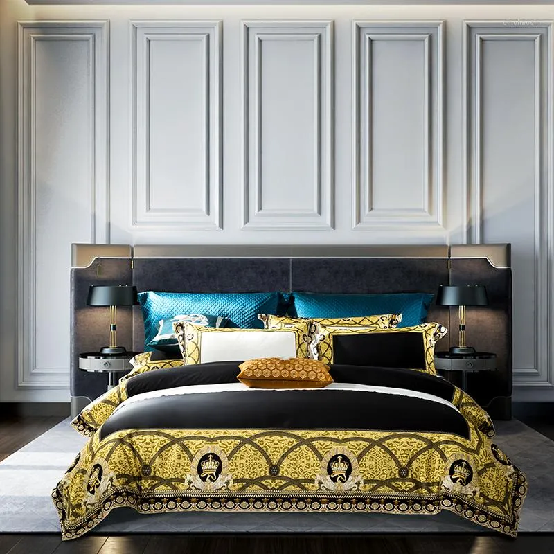 Conjuntos de cama 4pcs egípcio algodão preto conjunto de ouro luxo rei king size lençol de retalhos de retalhos capa de edredão parure de lit adulte