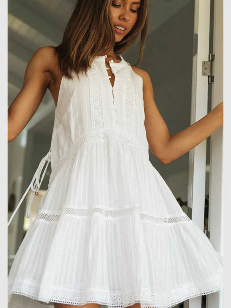 Casual Dresses Summer Dress for Women Fashion Sexy Lace Patchwork ärmlös Löst O-Neck White Holiday Beach Mini Robe Femme Y2302