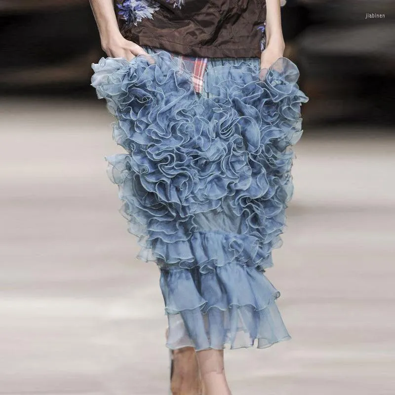 Röcke Streetwear Dusty Blue Tüll Midirock 2 maßgeschneiderte Rüschen drapierte weibliche Damen 2023 besondere Abendpartykleidung