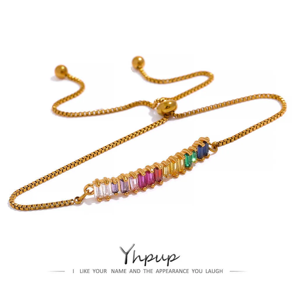 Link Chain Yhpup Waterproof Colorful Rainbow Cubic Zirconia Bracelet Bangle Adjustable Wrist Jewelry Chain Bracelet on Hand for Woman Gift G230208