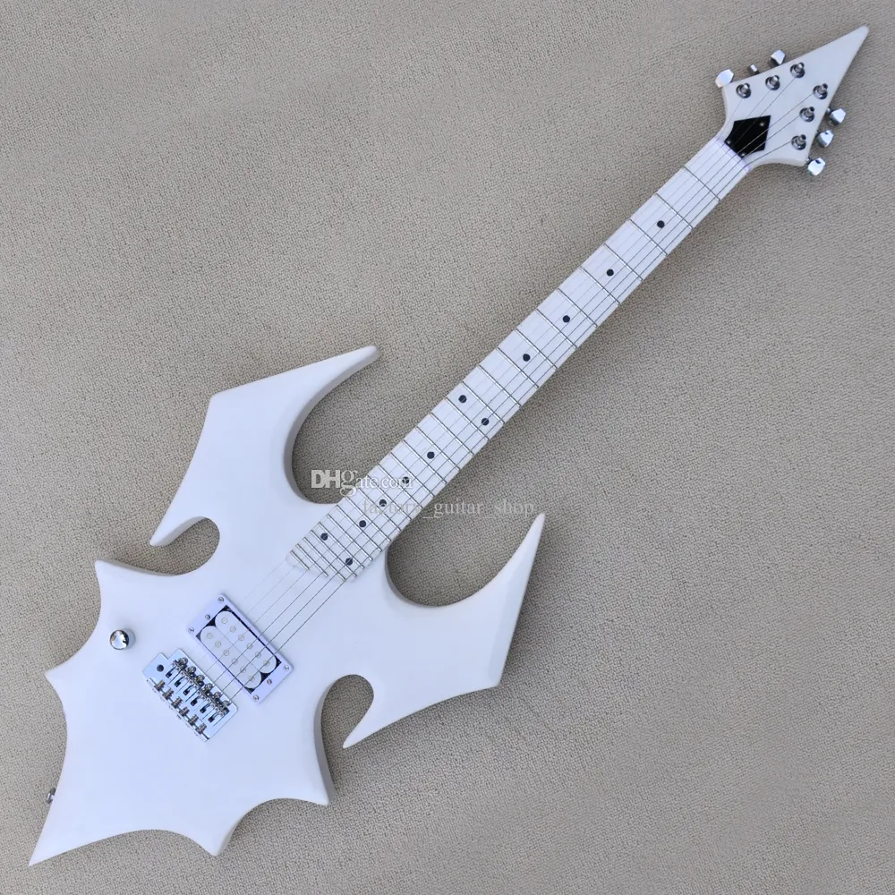 Factory Custom Unusual SHape Matte White Electric Guitar Left handedchrome Hardware H Pickup maple Fretboard Offer Customized