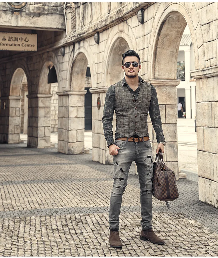 Erkek Yelek Takım Elbise Erkek Kahverengi Siyah Yelek Yelek Erkek Ekose Steampunk Ceket Çizgili Tweed V Yaka Slim Fit Yelek Düğün_voghion.com