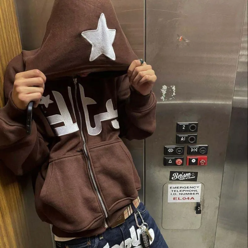 Men's Hoodies Sweatshirts Star Letter Print Hoodie Men Fashion Zip Up Long Sleeve Oversized Jacket Coat Harajuku Gothic Hooded Sweatshirt Y2K Teen Clothes 230209