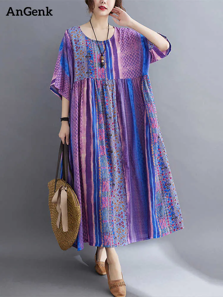 Vestidos casuales Manga corta Algodón Lino Vintage Púrpura Floral para mujeres Vestido largo suelto de verano Ropa de moda elegante 2022 Y2302
