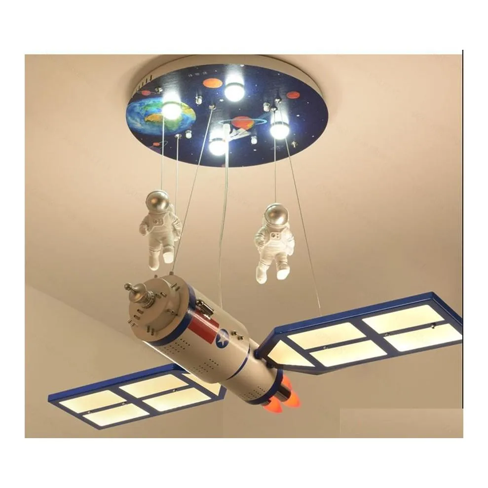 Pendant Lamps Childrens Room Space Satellite Led Chandelier Remote Control Lighting Fixture For Kids Bedroom Nursery Cartoon Hanging Dh3Vc